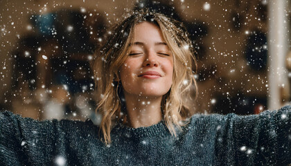 Happy woman enjoying a magical moment with snowflakes while standing indoors in a cozy atmosphere