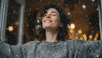 Happy woman enjoying a magical moment with snowflakes while standing indoors in a cozy atmosphere