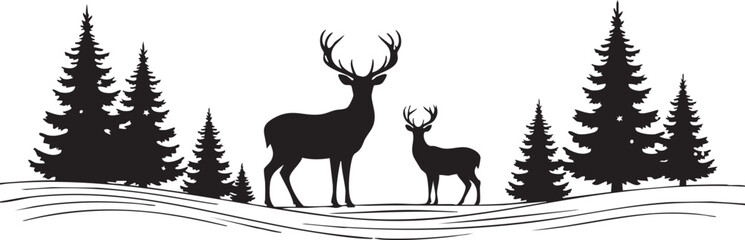 Obraz premium Majestic stag and fawn stand amidst a serene winter forest landscape with snow covered ground and pine trees