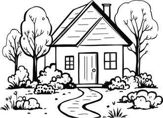 Nature House Silhouette Vector Featuring Triangular Roof, Chimney, Trees, Bushes, Pathway, and Peaceful Landscape