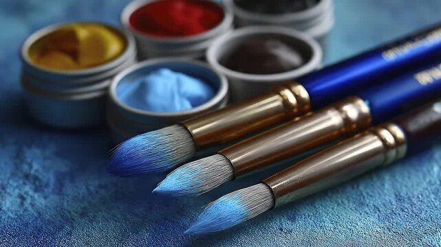 Art setup paintfilled pots paired with bluetipped brushes on a blue surface