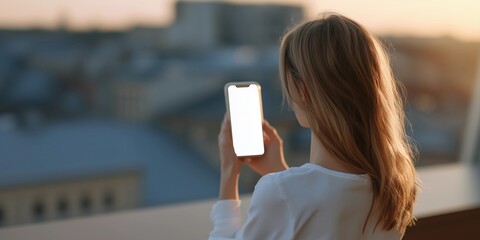 Young woman hold phone looking at screen filled with white color,banner,view from back,copy space.