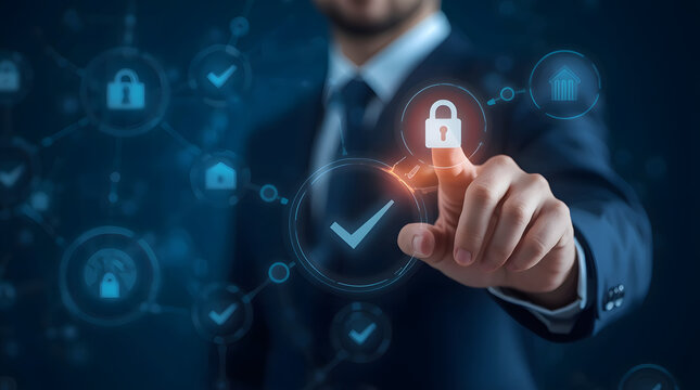 Businessman touching a digital padlock icon, representing cybersecurity and data protection in a modern business environment