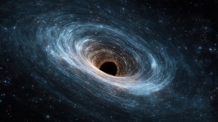 Massive black hole with glowing accretion disk and gravitational lensing effect in deep space surrounded by distant stars