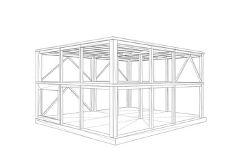 Two story house frame with wood structure and beams in a construction drawing style rendering design