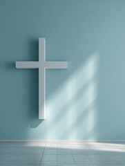 Naklejka premium minimalist white cross against a soft blue wall creates a serene atmosphere in a spiritual space