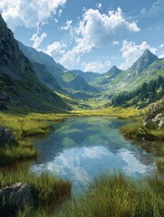 Fototapeta premium lake in mountainsgrass on sides of water and green mountain peaks in distancelandscape concept
