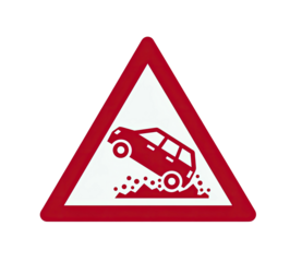 Triangular road sign depicts a vehicle potentially going off-road. Red border and white interior