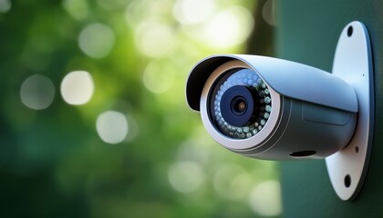 digital surveillance system provides constant home protection modern security camera silent and observant a watchful eye against a blurred green backdrop