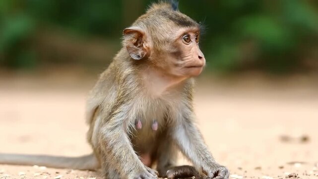 A detailed close-up portrait of a young macaque monkey sitting on the ground, showcasing the innocent curiosity of wildlife in its natural habitat