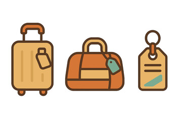 Collection of essential travel items including rolling suitcase, carry-on bag, and identification tag