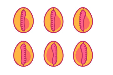 Stylized repeating pattern of breakfast icons with eggs and sausages in vibrant colors