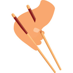 Hand holding wooden chopsticks with red accents against a transparent background for Asian cuisine and dining