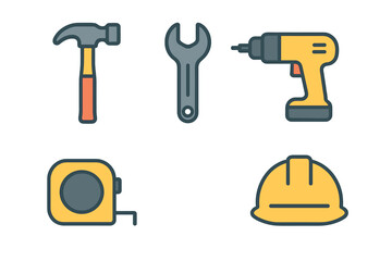 Essential construction and repair tools set including hammer wrench drill tape measure and safety helmet