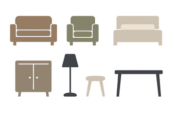 Modern home furniture icons set featuring seating sleeping and storage items in neutral colors