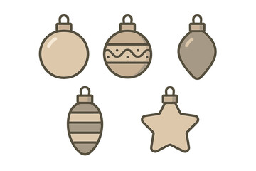 Set of festive holiday ornaments including baubles and a star in earthy tones