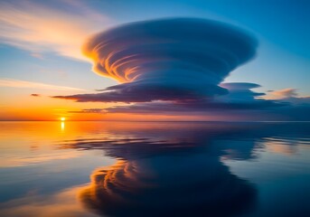 Cloud formation over water reflecting sunset colors in the sky and water surface area
