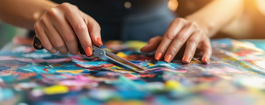 Close-up of a woman's hands holding scissors while cutting vibrant fabric in a detailed shot. Creative arts and crafts project.