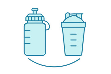 Outline drawing of sports hydration bottle and protein supplement shaker container