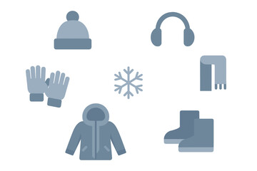 Essential winter clothing items and accessories collection for cold weather protection