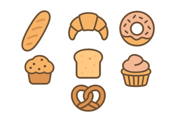 Collection of fresh baked goods and sweet pastries symbols including bread, croissant, donut, and muffin