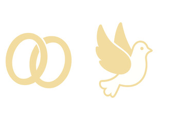 Two golden wedding rings interlocking with a stylized flying dove symbolizing peace and commitment