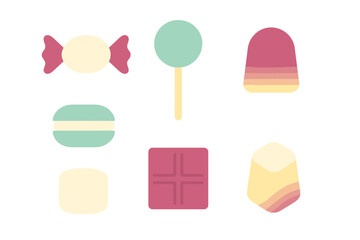 Minimalist collection of colorful candies, sweets, and desserts on white background