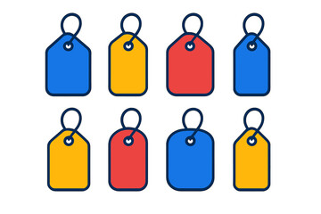 Collection of eight blank price tags and sale labels in primary colors for retail marketing