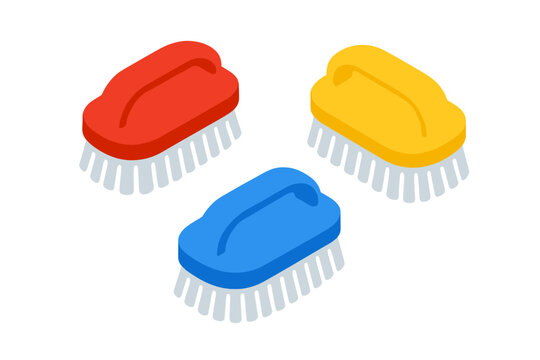 Colorful scrubbing brushes for household cleaning in isometric flat design
