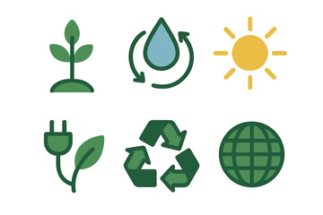Colorful set of six symbols for environmental conservation, renewable energy, and global ecology