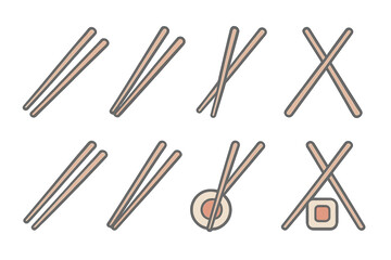 Eight different pairs of wooden chopsticks in various positions holding sushi rolls