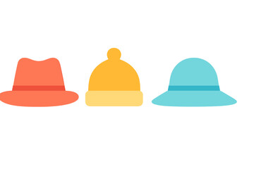Three colorful hats collection including a fedora, a beanie, and a sun hat isolated on white