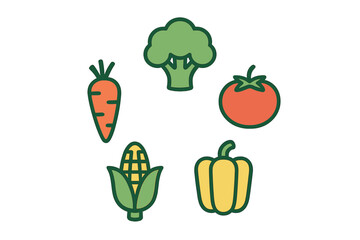 Set of five colorful vegetables: carrot, broccoli, tomato, corn, and bell pepper on white