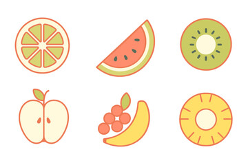 Modern flat graphic collection of fresh tropical and common fruit slices and halves