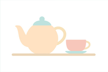 Minimalist pastel colored teapot and teacup set on a simple surface for hot beverage service