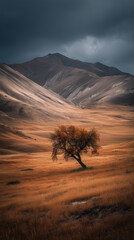 Lone Autumn Tree in Stormy Mountains