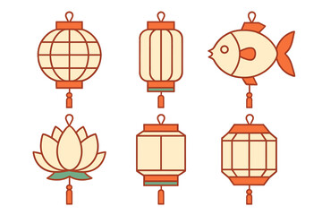 Six decorative Asian festival lanterns with fish, lotus flower, and geometric designs