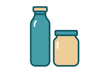 Minimalist flat design of a tall bottle and short jar containers with screw caps