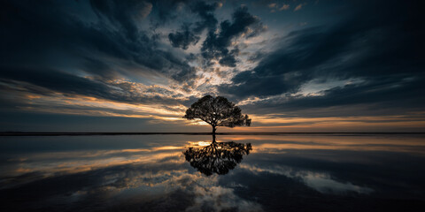 Lone Tree Reflection on a Calm Lake Under a Dramatic Sky