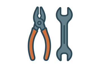 Pair of pliers and an open-end wrench isolated on a white background for maintenance and fixing
