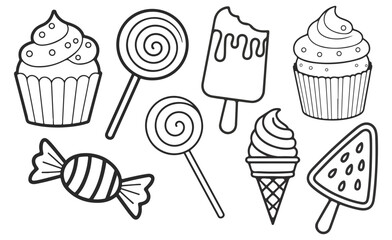 Black and White Outline Sweet Dessert Treat Icon Set Cupcakes Lollipops Ice Cream Candy Bar