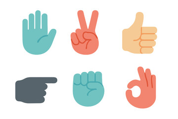 Six colorful hand gestures collection including stop sign, peace sign, thumbs up, pointing, fist, and OK symbol