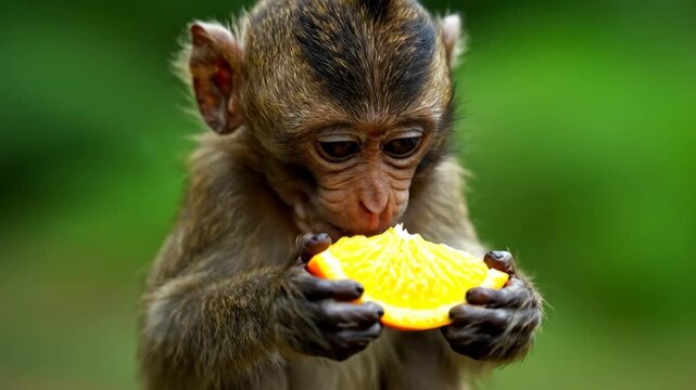 Adorable baby monkey with big eyes eating a slice of fresh orange with its tiny hands