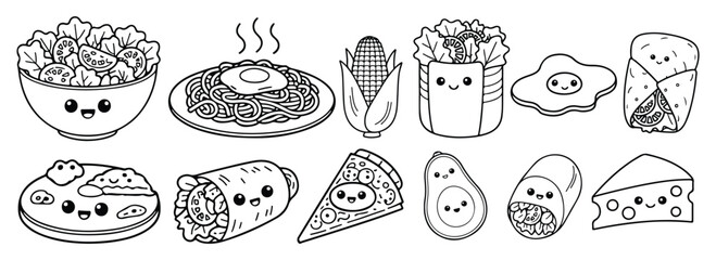 Cute Kawaii Food Doodle Icon Set Salad Pasta Corn Burrito Pizza Avocado Cheese Slice