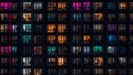 Nighttime apartment building windows lights glowing urban living city life facade view