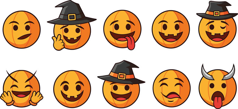 Halloween emoji set with witch hats pumpkins devils and spooky funny faces for celebrations and decorations vector Hallowing Day