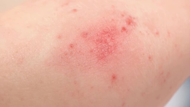 Close Up Macro of Red Inflamed Skin Rash with Small Bumps and Finger Touching Affected Area