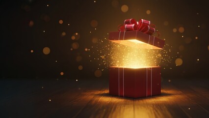 A glowing red gift box with golden light and sparkles shining for magical new year, christmas, and diwali surprise