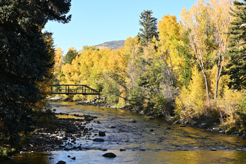 Pedestrian Bridge over River in the Fall