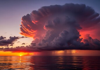 Sunset over the ocean with dramatic clouds and vibrant colors creating a beautiful scene near the horizon